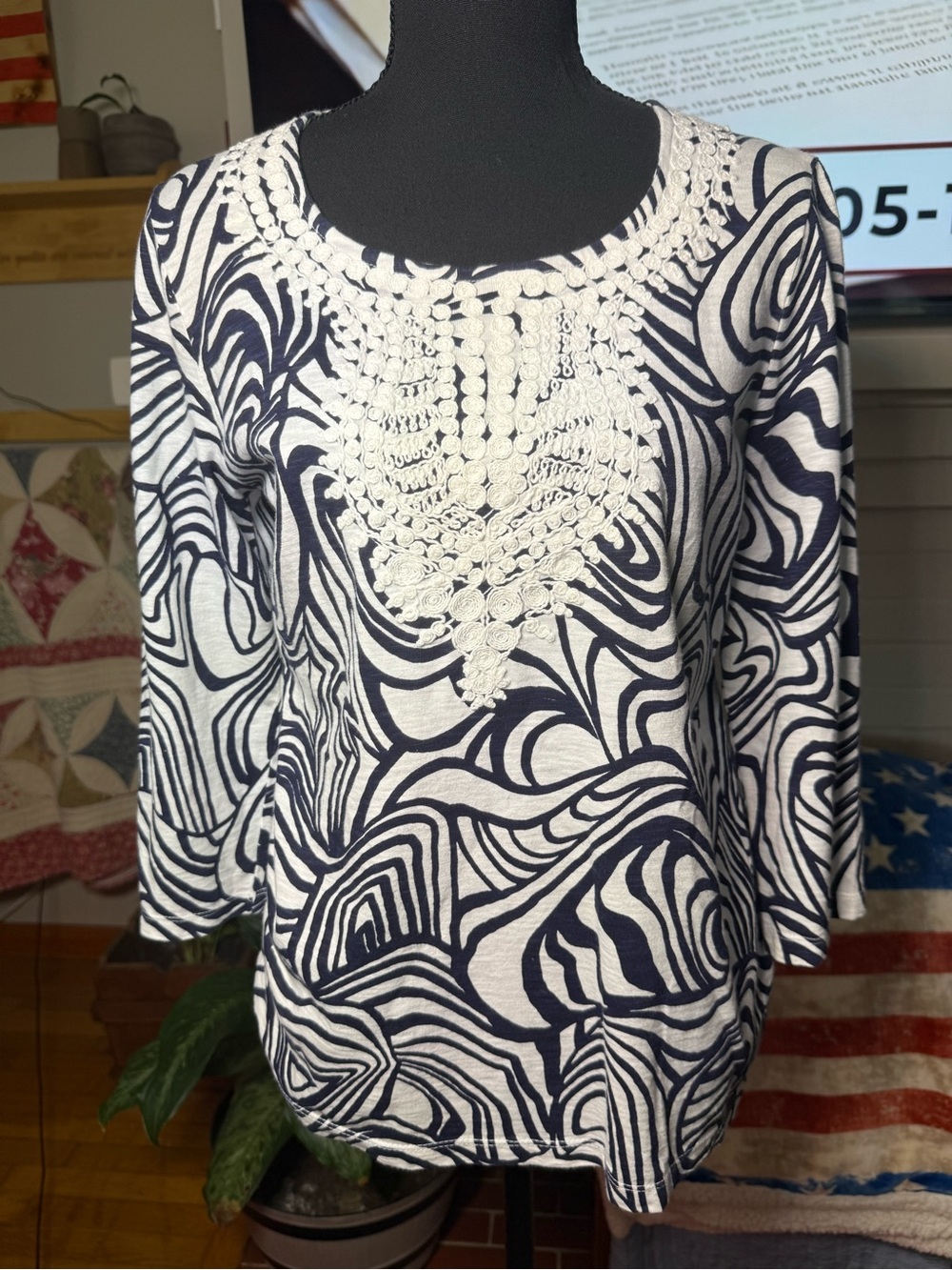 Chico's Navy & White Crochet-Detail Scoop Neck Blouse